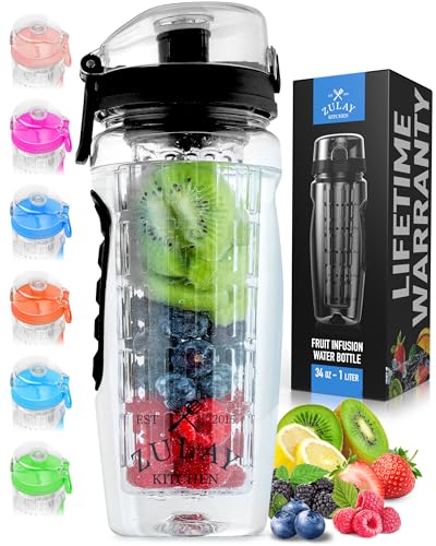 Zulay Fruit Infuser Water Bottle 34oz Jet Black Leakproof with Full-Length Infusion Rod