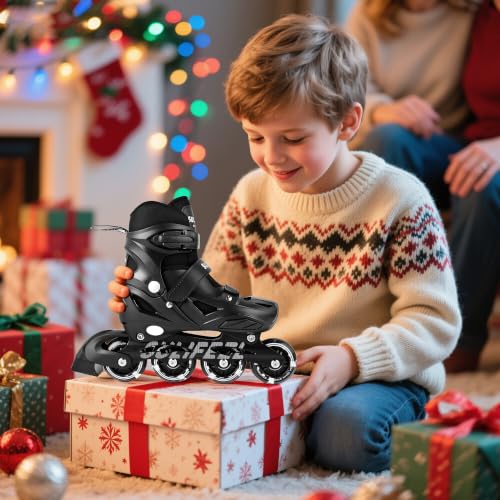 SULIFEEL Adjustable Light Up Kids Inline Skates - Black / Medium for Boys & Girls 4-12