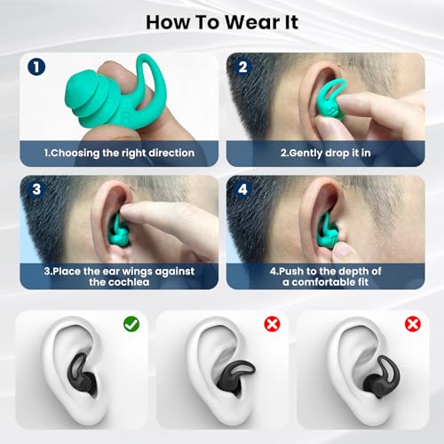 Swimming Ear Plugs - 4 Pairs Silicone Earplugs in Black, Blue, Yellow, Green