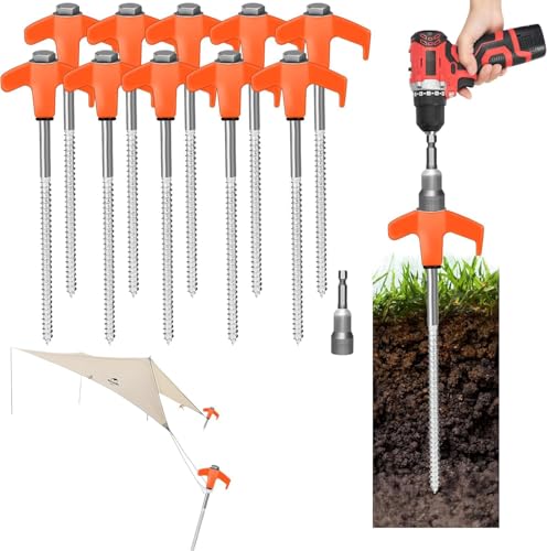 Orange 8-Inch Heavy Duty Screw-In Tent Stakes - 20 Pack Camping Ground Anchors