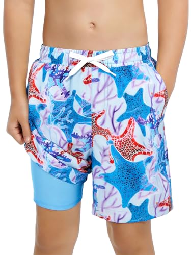 Boys Swim Trunks with Compression Liner - Quick Dry, Elastic Waist, Blue and White, 7-8 Years