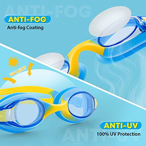 Kids Anti-Fog Swim Goggles - No Leak Comfort Fit for Ages 4-10 - Blue