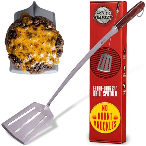 Grille Perfect 24-inch Long Handle BBQ Spatula - Heavy Duty Stainless Steel, Curved Hardwood Handle for Grilling & Outdoor Kitchen, Grilling Spatula