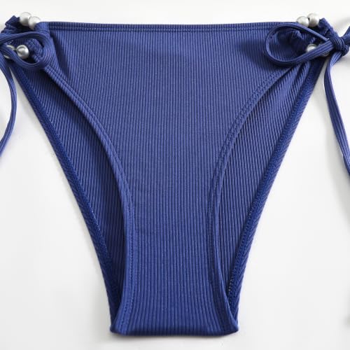 Women's 2 Piece Triangle Bikini Set with Pearl Details - Small Blue