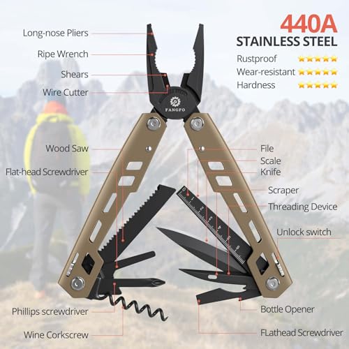 Fangfo 17-in-1 Stainless Steel Multitool with Pocket Knife, Pliers & Bottle Opener - Brown