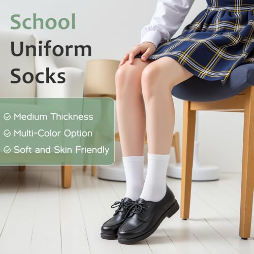 Cotton Girls Socks - Ruffle Crew Ankle School Uniform - Off-white, 6-8 Years