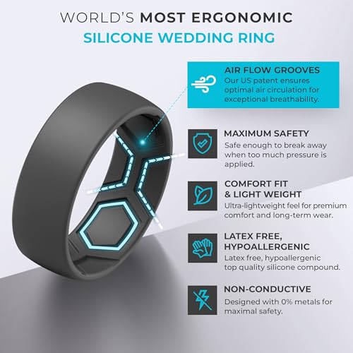 Men's Graphite Grey Patterned Silicone Rings - 8mm Wide