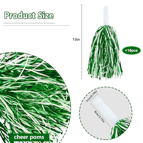 KDPATFAV 18Pcs Green White Metallic Foil Pom Poms with Baton Handle - Cheerleading Sports Party