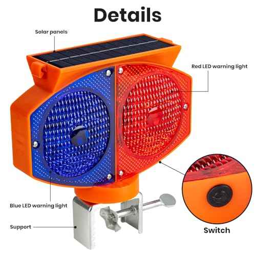 Solar Strobe Warning Light, 3 Working Modes Double Side Red Blue Flash Traffic Lights Wireless Rechargeable Waterproof Safety Barricade Warning Lights for Road Construction (Iron Clamp)