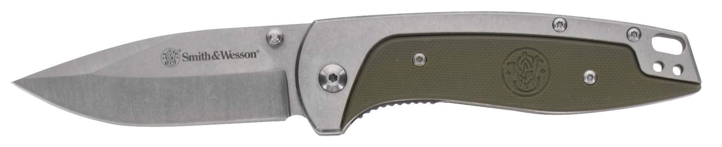Smith & Wesson Freighter 7.6in High Carbon S.S. Folding Knife with 3.2in Drop Point Blade and Stainless/G10 Handle for Outdoor, Tactical, Survival and EDC