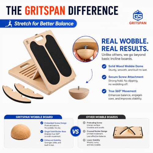 GRITSPAN 3-in-1 Adjustable Wooden Balance & Wobble Board - Standard