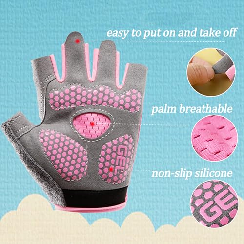 Kids Fingerless Cycling Gloves - Non-Slip for Ages 3-8 - Pink