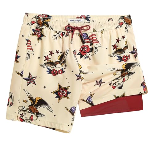 Maamgic Men's 7 Inch Swim Trunks with Compression Liner & Zippered Pockets - X-Large Beige & Red Eagle American Flag