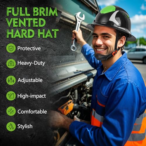 GREEN DEVIL Matrix Full Brim Hard Hat with Headlight Vented Construction Safety Helmet OSHA Approved Cascos De Construccion Work Hardhat for Men&Women