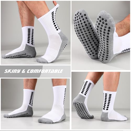 Grip Soccer Socks - Anti-Slip Athletic Socks for Men & Women - White, 6 Pairs