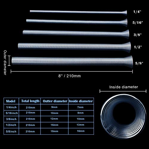 5 Pack Spring Tube Bender Set 1/4'', 5/16'', 3/8'', 1/2'' and 5/8'' for Copper, Aluminum and Thin Wall Steel Tubing Bender Kit, 8.27" / 210mm Length