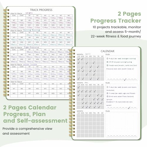 Dapsang Green Fitness Journal for Women & Men, Undated Workout & Nutrition Planner with Measuring Tape, 9.5x7 inches