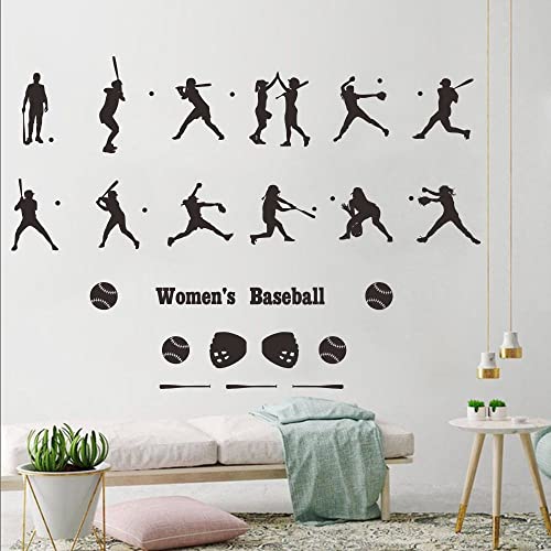Women's Baseball Wall Sticker-12 Action Silhouettes of Female Players-Softball Pitcher and Batter Decals-Removable PVC Wall Art for Baseball Lovers for Sports Enthusiasts-31 x44 Inch(JWH199-black)