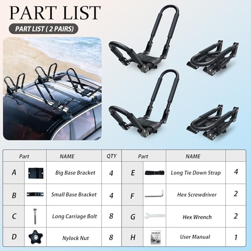 Folding Kayak Roof Rack - 2 Pairs (4 Pcs) Universal J-Bar Carrier
