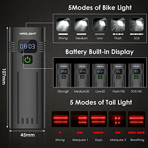 KASLIGHT Black 8 LED 10000 Lumens Rechargeable Bike Headlight Set with Taillights