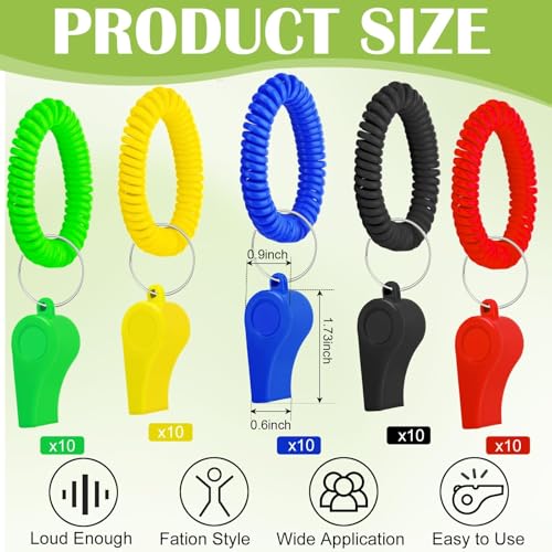 Mototo Multicolor 50/100 Pcs Referee Whistle with Wrist Bracelet — Loud Sport & Safety Whistles for Adults, Kids, Coaches, Officials