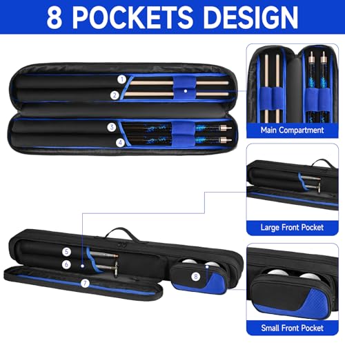 Jaffzora 2x2 Pool Cue Case Black & Blue with Shoulder Strap for Billiard Sticks