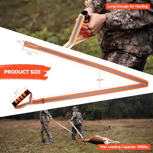GearOZ 2-Pack Deer Drag Ropes with Harness, 76" Reflective Orange Drag Straps with Handles