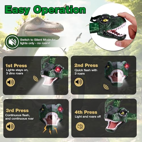 Dinosaur Headlamp for Kids - LED Flashlight with Roaring Sound - Green