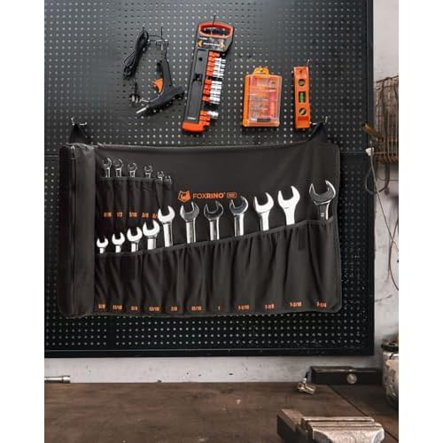 Wrench Roll, Wrench Roll Up Pouch, Gifts for Men Father Dad Mechanic, Heavy Duty Canvas Wrench Organizer Bag (Black, 17+1 SAE)