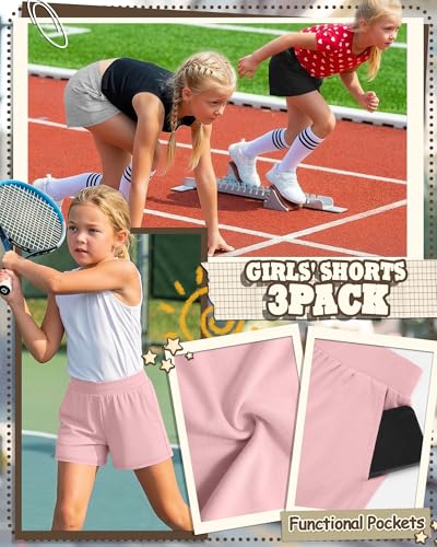 Girls Athletic Shorts - 3 Pack, Light Pink, Gray, Black, 15-16 Years