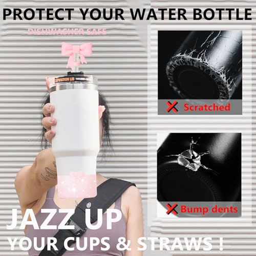 Bow Silicone Boot for Water Bottle Tumblers - Anti-Slip Sleeve - Glitter Pink