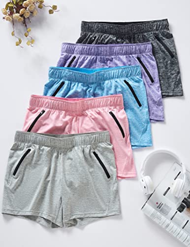 Women's Lounge Workout Shorts 1 or 5 Pack with Zipper Pockets, Heather Black/Blue/Purple/Pink/Gray, Large - Liberty Imports
