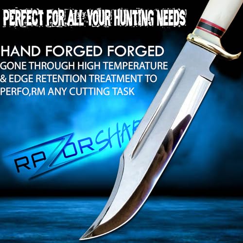 RISING CRAFTS Bone Crocodile Dundee Bowie Knife 14-inch Mirror Polished Hunting & Survival Knife with Leather Sheath – Outdoor Tactical Gift for Men