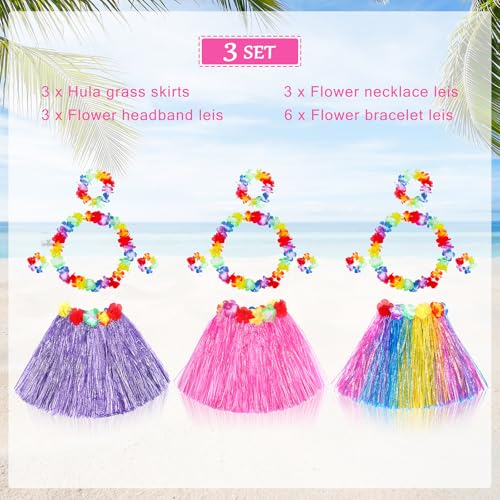 Fortuning's JDS Girl Elastic Hawaiian Hula Skirt Set with Flower - Blue/Yellow/Pink