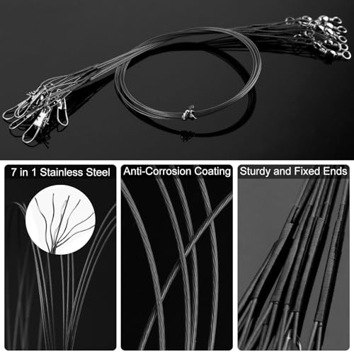 50Pcs Stainless Steel Fishing Wire Leaders with Swivels & Snaps - Black