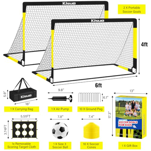 Kids Soccer Goal Set - 2 Portable 6x4 ft Goals with Ball & Targets - Black & Yellow