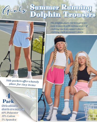 4 Pack Girls' Athletic School Shorts - 9-10 Years, Rose Red, Pink, Blue, Light Heather Gray