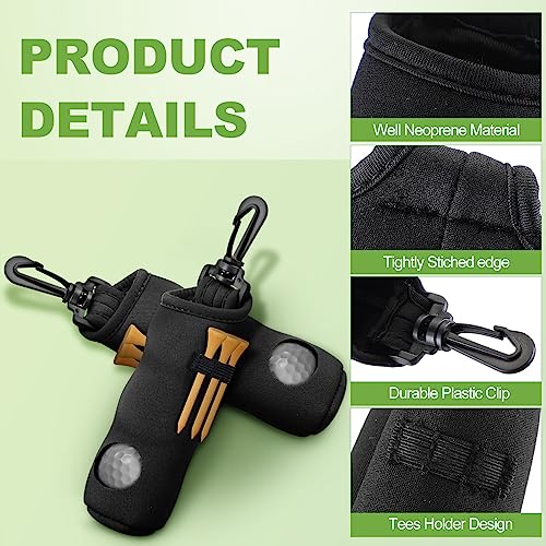 Black Golf Tee Holder & Ball Carry Bag Pouch Set - Simple Design, 4 Pieces with Keychain & Belt Clip