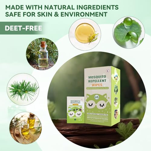60 PCS Natural Mosquito Repellent Wipes – Individually Wrapped, Safe & Long-Lasting Outdoor Insect Protection