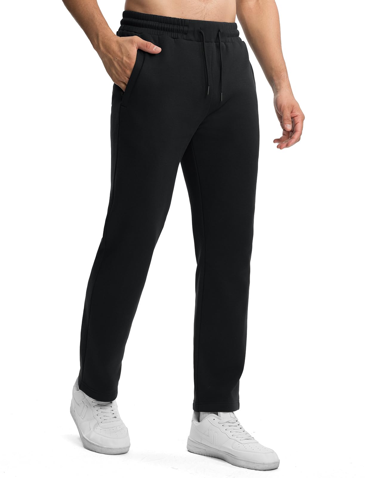 Rdruko Men's Fleece Sweatpants Straight Leg Athletic Yoga Lounge Pants Open Bottom Casual Jersey Pants with Zipper Pockets Black L