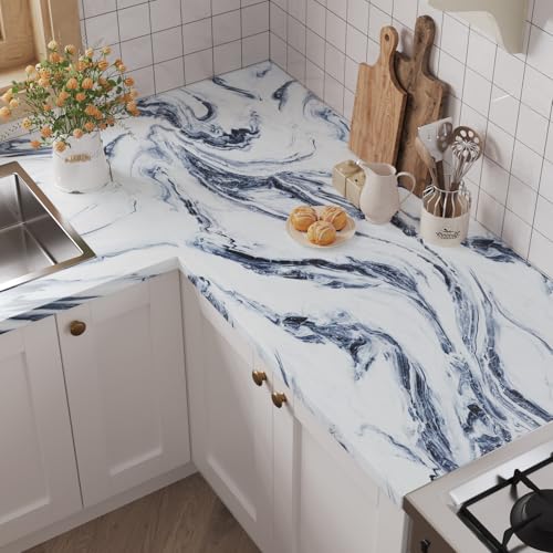 VaryPaper 15.7''x78.7'' Navy Blue and White Marble Wallpaper Peel and Stick Countertops Waterproof Marble Contact Paper for Table Desk Counter Top Vinyl Wrap Removable Granite Wall Paper for Kitchen