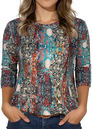 3/4 Sleeve Tops for Women Graphic Crew Neck Fall Blouses Spring T