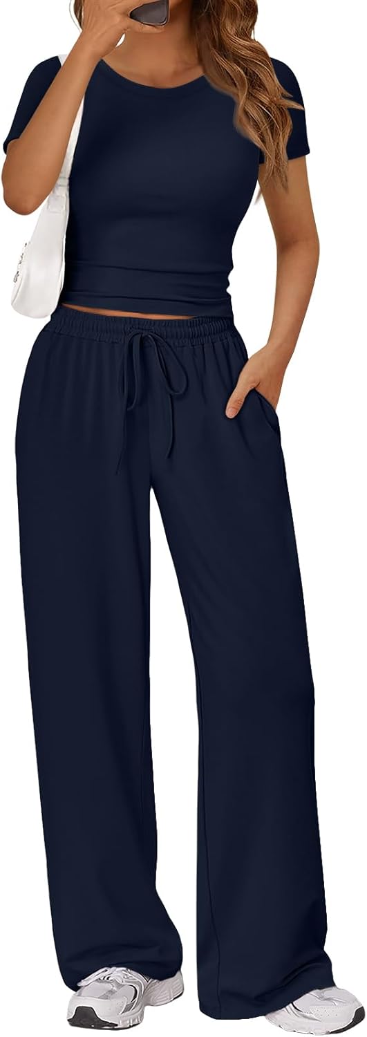 Trendy Queen 2 Piece Matching Summer Sweatsuit - Women's Side Ruching Top & Wide Leg Pants Set with Pockets