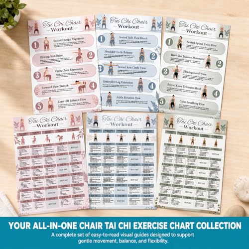 Tai Chi Chair Workout Chart Poster Set - 6 Unframed Canvas Prints, 12"L x 16"W