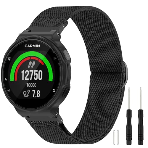 Farluya Black Elastic Nylon Watchband for Garmin Forerunner 235/220/230/620/630/735XT, Sport Stretchy Replacement Strap