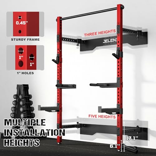Folding Squat Rack - Wall Mounted Power Cage - Red