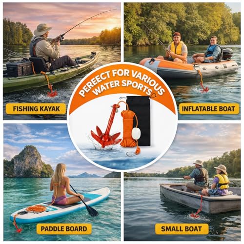 Thorkok 1.5 lb Folding Kayak Anchor Kit with 32 ft Rope - Red