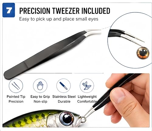 Fishing Lure Eyes Assortment Kit with Tweezer - 366pcs Orange, Silver, Red