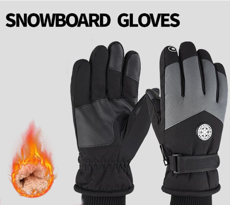 Women's Waterproof Insulated Winter Ski Gloves with Zipper - Black Grey