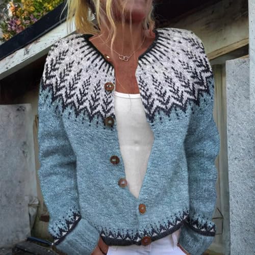 Fair Isle Cardigan Sweater for Women - Open Front, Button Down, C-Royal Blue, XX-Large